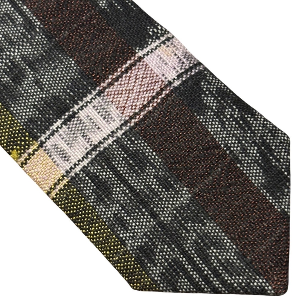 Vintage Guatemalan Handwoven 100%‎ Cotton Ikat Striped Necktie Brown Yellow Grey